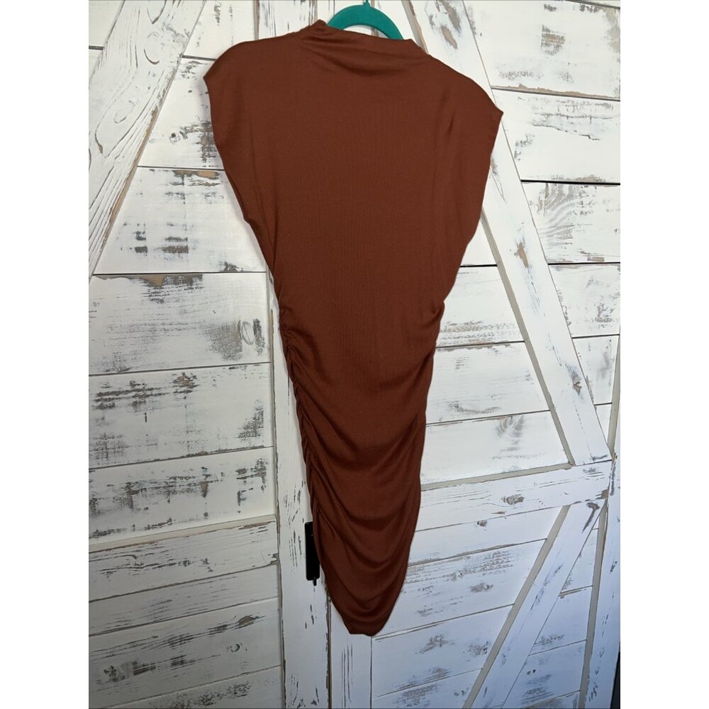Michael Stars Gia Rib Knit Mock Neck Ruched Mid Legnth Dress M Cap Sleeve Rust - Picture 8 of 11